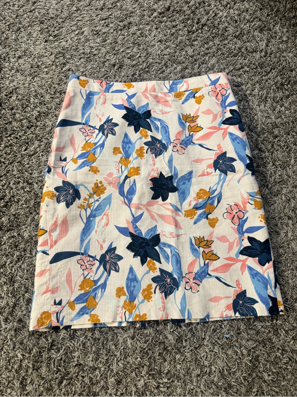 J. Crew White Floral Pencil Skirt with Navy, Blush, Blue & Mustard Accents